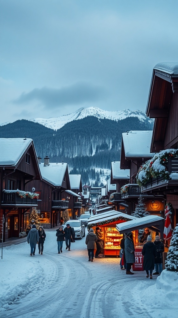 Zakopane in winter with Christmas decorations, wooden houses, and snow-covered mountains.